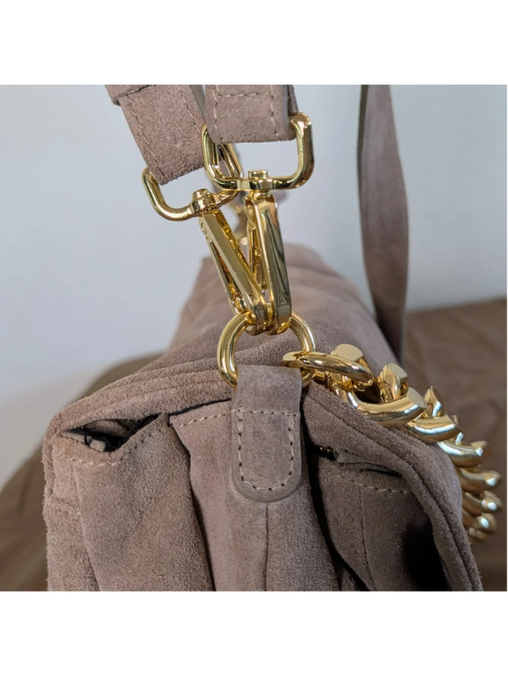 Viola Castellani Italian Suede Leather Chain Bag Taupe Slouchy Crossbody Purse